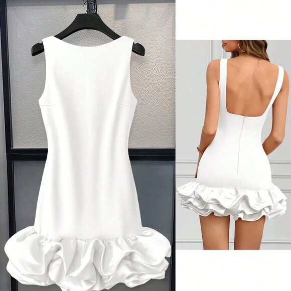 White Casual Women's Round Neck Sleeveless Ruffle Hem Elegant Short Dress - Picture 1 of 4